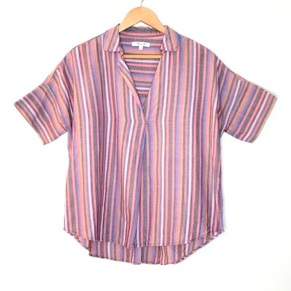 MADEWELL Courier Button Back Rainbow Stripe Boxy V-Neck Shirt size Small - Picture 2 of 12
